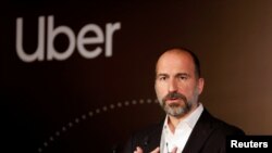 Uber CEO Dara Khosrowshahi speaks to the media at an event in New Delhi, India, Oct. 22, 2019.