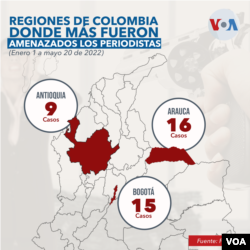 Libertad de prensa en Colombia. Regiones de Colombia donde más fueron amenazados los periodistas. 2022
