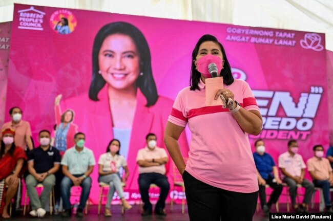 Philippine Vice President Leni Robredo, presidential candidate for the 2022 Philippine elections, speaks during a campaign rally in Quezon City, Metro Manila, Philippines, February 13, 2022. (REUTERS/Lisa Marie David/File Photo)