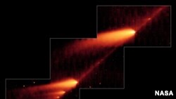 Imagen infrarroja del telescopio espacial Spitzer muestra el cometa roto 73P/Schwassman-Wachmann 3 dejando un rastro de escombros durante sus múltiples viajes alrededor del sol. Los objetos parecidos a llamas son los fragmentos del cometa y sus colas. (Crédito: NASA)