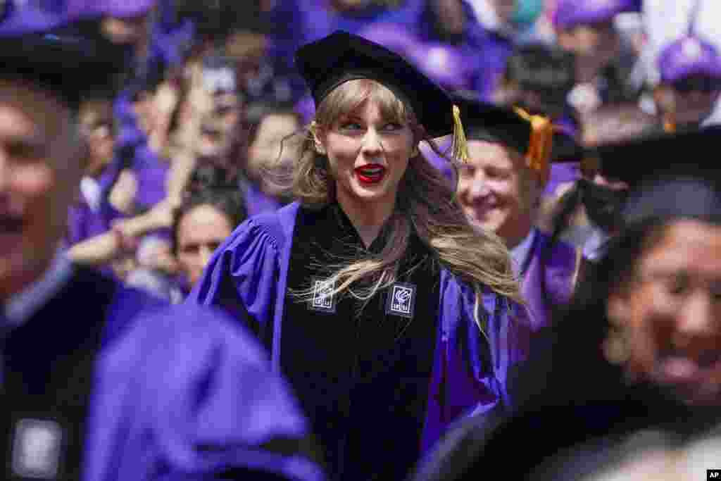 Taylor Swift participates in a graduation ceremony for New York University at Yankee Stadium in New York.