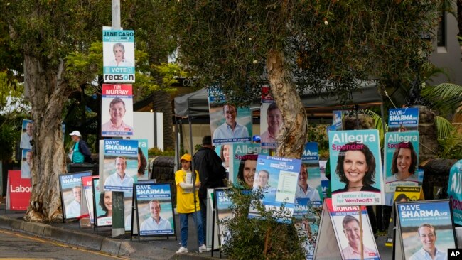 A volunteer stands amongst billboards for candidates outside a polling station in Sydney, Australia, May 9, 2022.