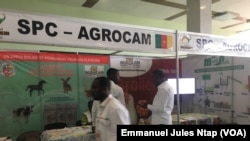 Un groupe de producteurs s’informent sur le prix d’une cage à élevage lors du salon avicole international à Yaoundé, le 26 avril 2022. 