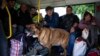 Människor och deras hund evakuerar nära Lyman, Ukraina, den 11 maj 2022. 