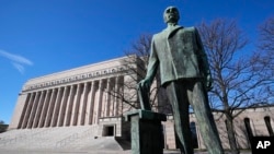 A statue of the first president of Finland Kaarlo Juho Stahlberg stands in front of the Finnish parliament in Helsinki, Finland, May 13, 2022.