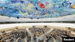 FILE - Overview of the Human Rights Council special session on the human rights situation in Ukraine, at the United Nations in Geneva, Switzerland, May 12, 2022. 