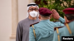 Sheikh Mohammed bin Zayed Al Nahyan receives mourners after the death of President of the United Arab Emirates Sheikh Khalifa bin Zayed Al Nahyan, at Al Mushrif Palace in Abu Dhabi, May 14, 2022. (UAE Ministry of Presidential Affairs/Handout via Reuters)