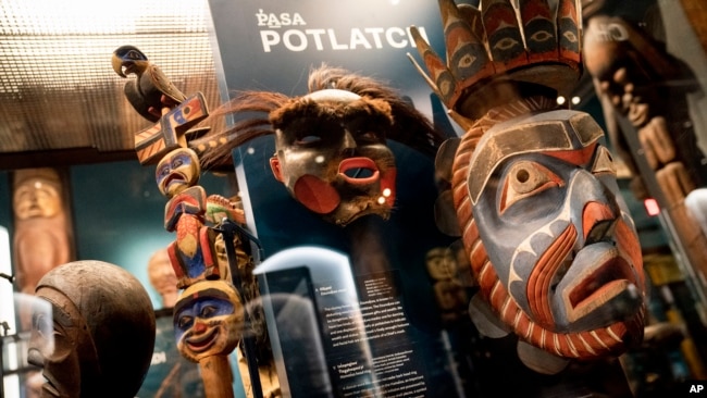 Artifacts, dioramas, and representations of Native American culture from the northwest coast of North America are displayed, May 10, 2022, at the American Museum of Natural History in New York.