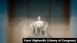 The larger-than-life statue of Abraham Lincoln is made from marble that was carved and put together in pieces. 
