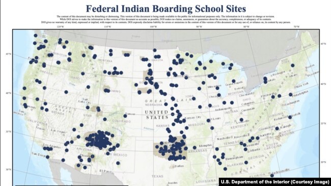 A map of Federal Indian Boarding School Sites identified by the Federal Indian Boarding School Initiative at the Department of the Interior. Source: Appendix C, Volume 1 of Federal Indian Boarding School Initiative Investigative Report