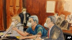 In this courtroom sketch, former Honduran President Juan Orlando Hernandez, center, speaks into a microphone while pleading not guilty to drug trafficking and weapons charges, May 10, 2022, in New York.