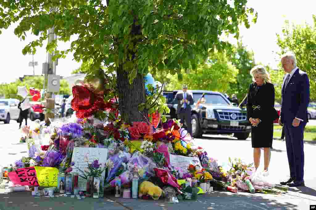 President Joe Biden and first lady Jill Biden visit the place of a shooting at a food store to pay respects and speak to families of the victims of Saturday&#39;s shooting in Buffalo, New York.