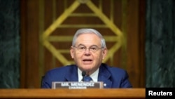 FILE: Senator Bob Menendez (D-NJ), speaks during a Senate Foreign Relations Committee hearing on the Fiscal Year 2023 Budget at the Capitol in Washington, U.S.. Taken 4.26.2022