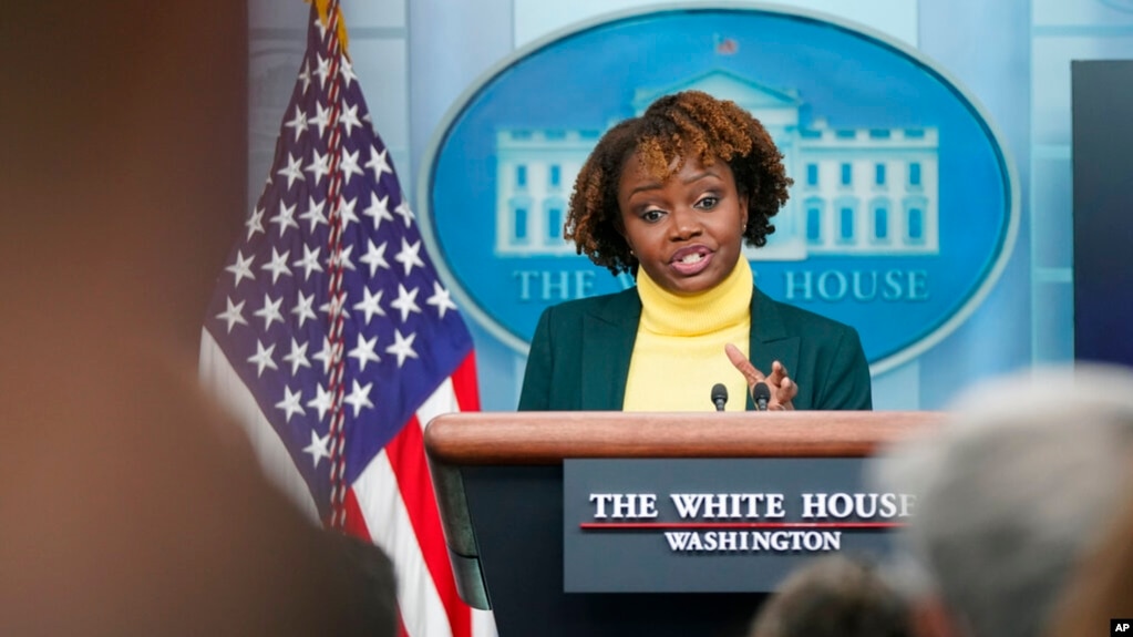 FILE - White House deputy press secretary Karine Jean-Pierre speaks during a press briefing at the White House, Feb. 14, 2022