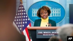 FILE - Karine Jean-Pierre, then the White House's deputy press secretary, speaks during a press briefing, Feb. 14, 2022