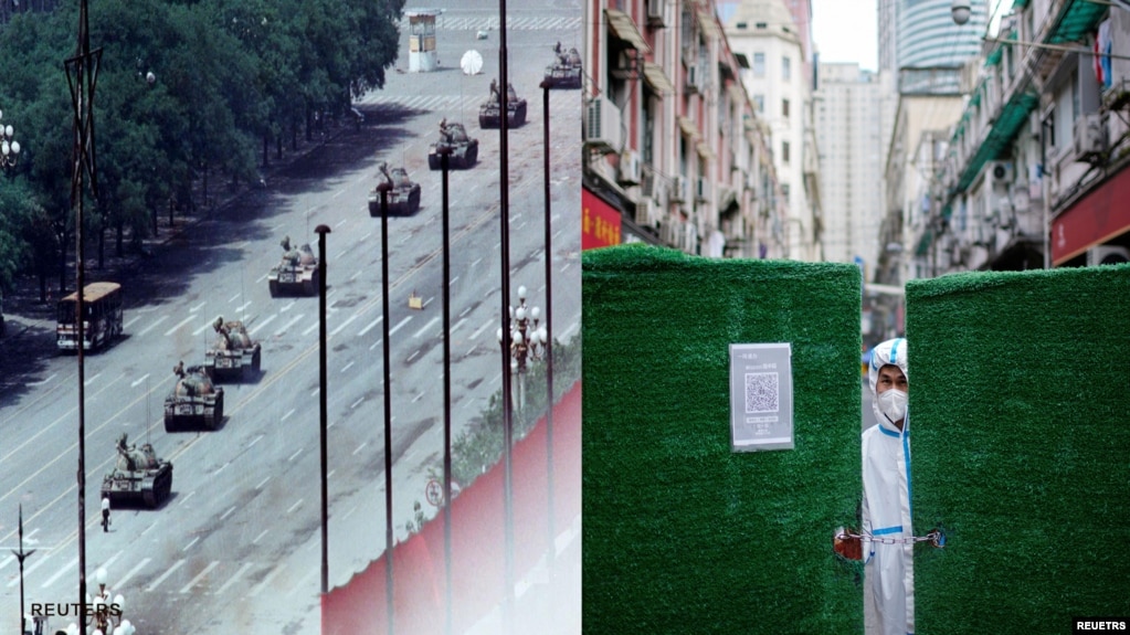1989年天安门广场上的坦克（图左）2022年上海防疫人员站在封锁门后（图右）（图片来源：路透社）(photo:VOA)