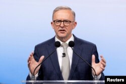 FILE - Australian Opposition Leader Anthony Albanese during the second leaders' debate of the 2022 federal election campaign at the Nine studio in Sydney, May 8, 2022.