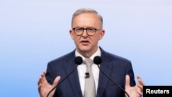 FILE - Australian Opposition Leader Anthony Albanese during the second leaders' debate of the 2022 federal election campaign at the Nine studio in Sydney, May 8, 2022. 