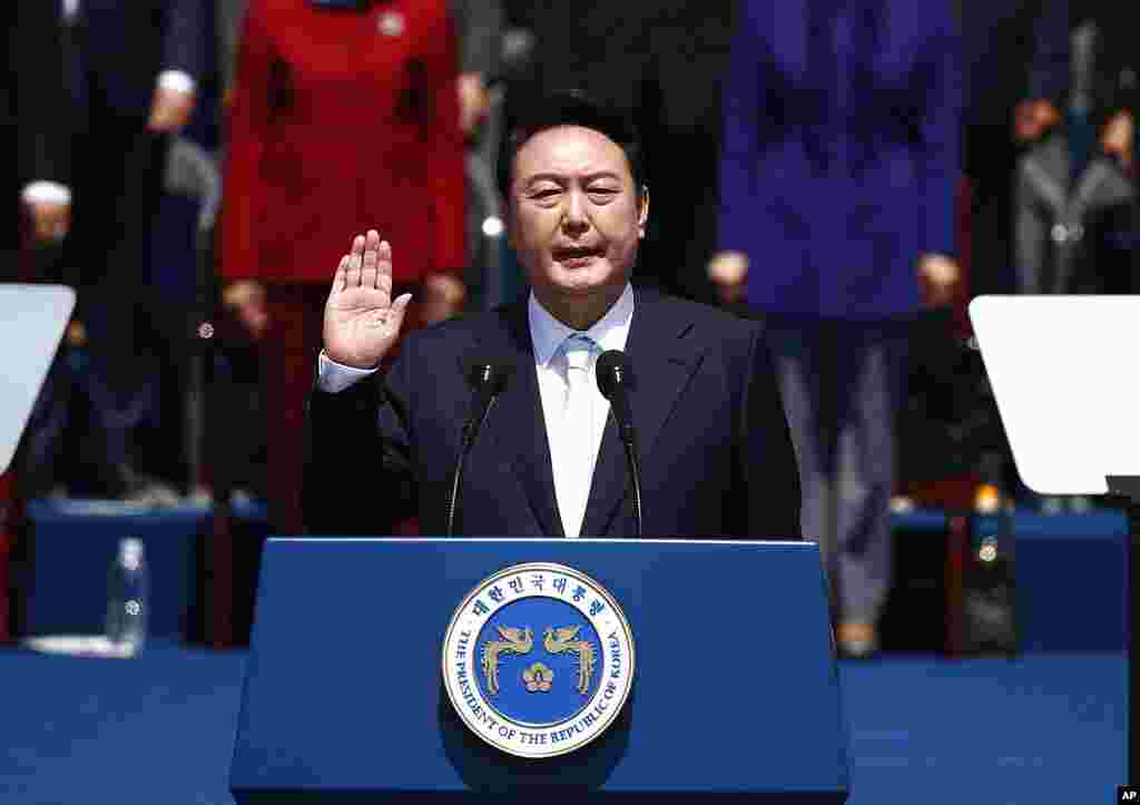 South Korean President Yoon Suk Yeol takes an oath during his inauguration speech in front of the National Assembly in Seoul, South Korea.