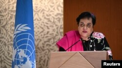 FILE - (Former) Federal Minister for Human Rights of Pakistan Shireen Mazari delivers a speech during a session of the UN Human Rights Council, which voted to hold an urgent debate about Russia's deadly invasion of Ukraine at Kyiv's request, Geneva, Feb. 28, 2022.