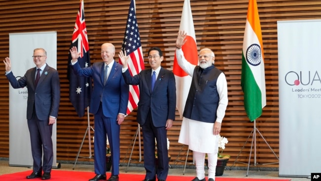 Leaders of Quadrilateral Security Dialogue (Quad) from left to right, Australian PM Anthony Albanese, U.S. President Joe Biden, Japanese PM Fumio Kishida, and Indian PM Narendra Modi in Tokyo, Japan, Tuesday, May 24, 2022. (Zhang Xiaoyu/Pool Photo via AP)