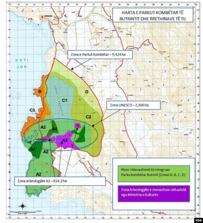 Harta e Parkut të Butrintit, me ngjyrë portokalli zona prej 800 hektarësh, ish pjesë e parkut në kategorinë “B”, tashmë e hequr në janar 2022 nga qeveria në kuadër të rishikimit të kufijve të zonave të mbrojtura.