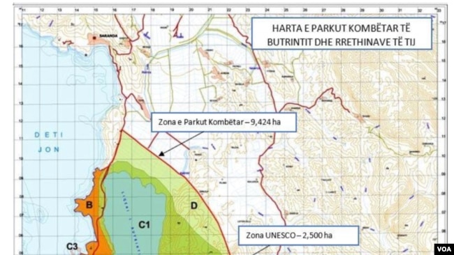 Harta e Parkut të Butrintit, me ngjyrë portokalli zona prej 800 hektarësh, ish pjesë e parkut në kategorinë “B”, tashmë e hequr në janar 2022 nga qeveria në kuadër të rishikimit të kufijve të zonave të mbrojtura.