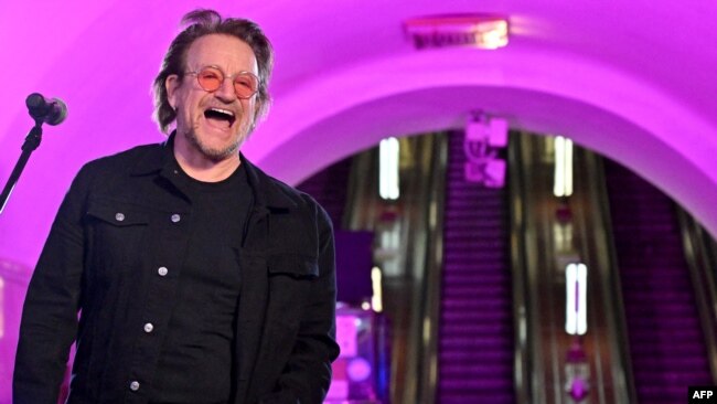 Bono (Paul David Hewson), Irish singer-songwriter, activist, and the lead vocalist of the rock band U2, performs at subway station which is bomb shelter, in the center of Ukrainian capital of Kyiv on May 8, 2022.