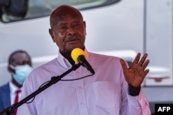 FILE - Ugandan President Yoweri Museveni speaks at the Munyonyo Speke Resort in Kampala, Uganda, on May 12, 2022.