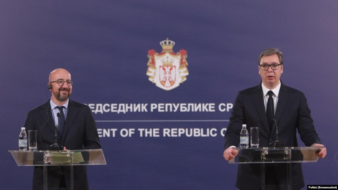 Predsednik Evropskog saveta Šarl Mišel i predsednik Srbije Aleksandar Vučić na konferenciji za novinare u Beogradu, 19. maja 2022.