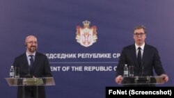 Predsednik Evropskog saveta Šarl Mišel i predsednik Srbije Aleksandar Vučić na konferenciji za novinare u Beogradu, 19. maja 2022.