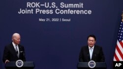 2022年5月21日，拜登總統和南韓總統尹錫悅在首爾會晤後共同出席兩國首腦舉行的聯合記者會。 -美聯社照