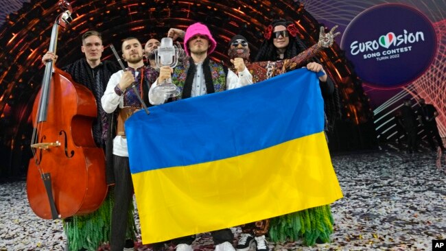 Members of the Kalush Orchestra from Ukraine celebrate after winning the Grand Final of the Eurovision Song Contest, at Palaolimpico arena, in Turin, Italy, May 14, 2022.