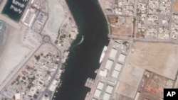 This satellite image from Planet Labs PBC shows Motor Yacht A, belonging to Russian oligarch Andrey Melnichenko, moored in Ras al-Khaimah, United Arab Emirates, May 12, 2022. (Planet Labs PBC via AP)