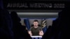 Ukrainia's President Volodymyr Zelensky appears on a giant screen during his address by video conference as part of the World Economic Forum annual meeting in Davos on May 23, 2022. 