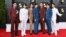 FILE - Members of the South Korean K-pop band BTS pose for a photo as they arrive for the 64th Annual Grammy Awards at the MGM Grand Garden Arena in Las Vegas, Nevada, April 03, 2022. 