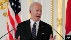 Presiden AS Joe Biden dalam konferensi pers di Istana Akasaka, Tokyo, 23 Mei 2022.
