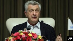 United Nations High Commissioner for Refugees Filippo Grandi speaks during a news conference in Dhaka, Bangladesh, Wednesday, May 25, 2022