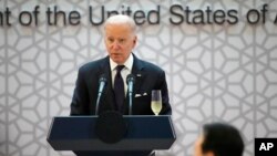 조 바이든 미국 대통령이 21일 서울 국립중앙박물관에서 열린 미한정상 공식만찬에서 답사를 하고 있다.