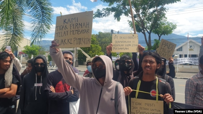 Massa aksi menyuarakan tuntutan mereka melalui tulisan di karton dalam aksi unjuk rasa di depan kantor Gubernur Sulawesi Tengah di Palu, pada 24 Mei 2022. (Foto: VOA/Yoanes Litha)