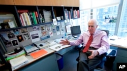 FILE - Author Roger Angell gestures during an interview at his office at the New Yorker magazine on April 4, 2006, in New York.