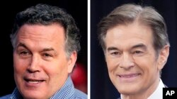 FILE - Pennsylvania Republican Senate candidates David McCormick, left, and Mehmet Oz during campaign appearances in May 2022 in Pennsylvania.