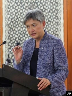 Menlu Australia Senator Penny Wong berbicara di Suva, Fiji, Kamis, 26 Mei 2022. (Foto: via AP)