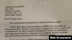 Robert Sekutanın Nigar Yaqubluya təbrik məktubu