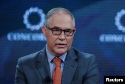 FILE - Scott Pruitt, Administrator of the U.S. Environmental Protection Agency, answers a question during the Concordia Summit in Manhattan, New York, cott Pruitt, Administrator of the U.S. Environmental Protection Agency, answers a question during the Concordia Summit in Manhattan, New York, Sept. 19, 2017.