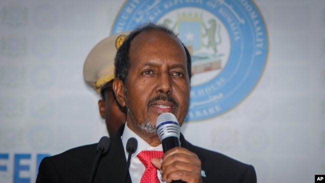 Hassan Sheikh Mohamud speaks after his election win at the Halane military camp in Mogadishu, Somalia, Sunday, May 15, 2022.