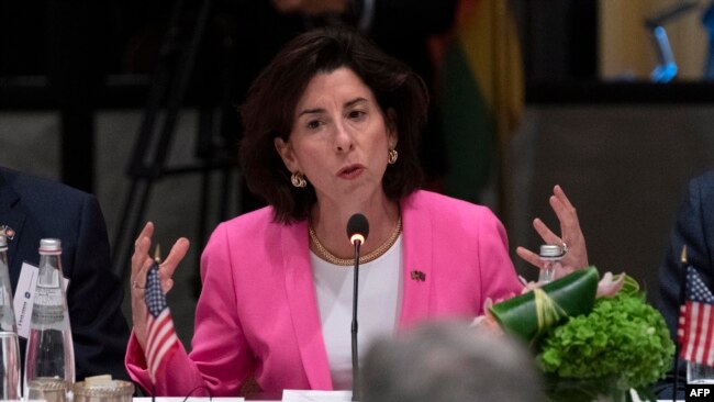 US Commerce Secretary Gina Raimondo speaks during the US-Association of Southeast Asian Nations Special Summit, in Washington, DC, May 12, 2022. She and U.S. Trade Representative Katherine Tai are in France for a meet up with the Trade and Technology Council.