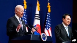 美韓領導人峰會後，拜登總統與南韓總統尹錫悅舉行聯合記者會。（2022年5月21日）