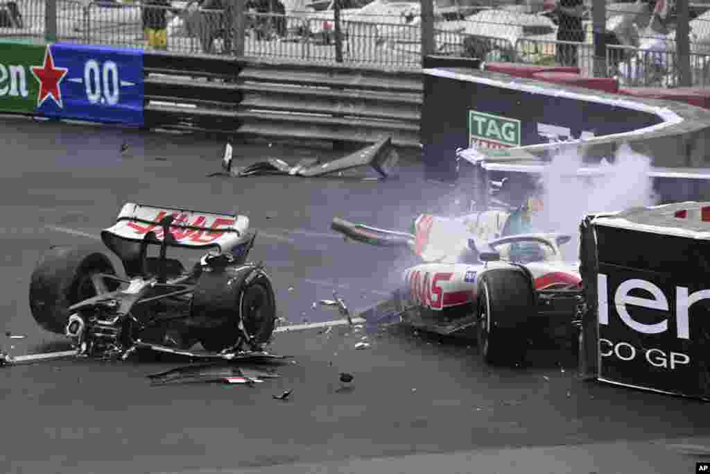 Haas driver Mick Schumacher of Germany crashes during the Monaco Formula One Grand Prix, at the Monaco racetrack, in Monaco.