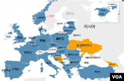 북대서양조약기구(NATO·나토) 현황. 파란색 영역이 30개 회원국. 붉은 글자로 쓴 스웨덴과 핀란드가 최근 가입 신청서를 냈다. 노란색 영역은 그 밖에 가입을 희망한 나라들. [클릭하시면 크게 볼 수 있습니다.]